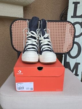 Converse High Top Sneakers in Navy and White Chunky Heels